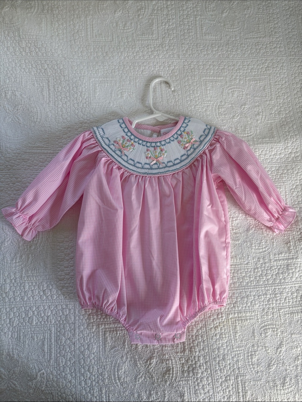 Stitchy Fish Brand New Smocked Pastel Floral Pink Baby Bubble Romper